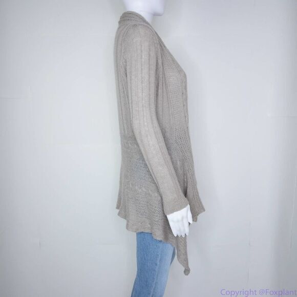 Cynthia Rowley wool blend open front shark bite hem light brown cardigan, L - Picture 11 of 15